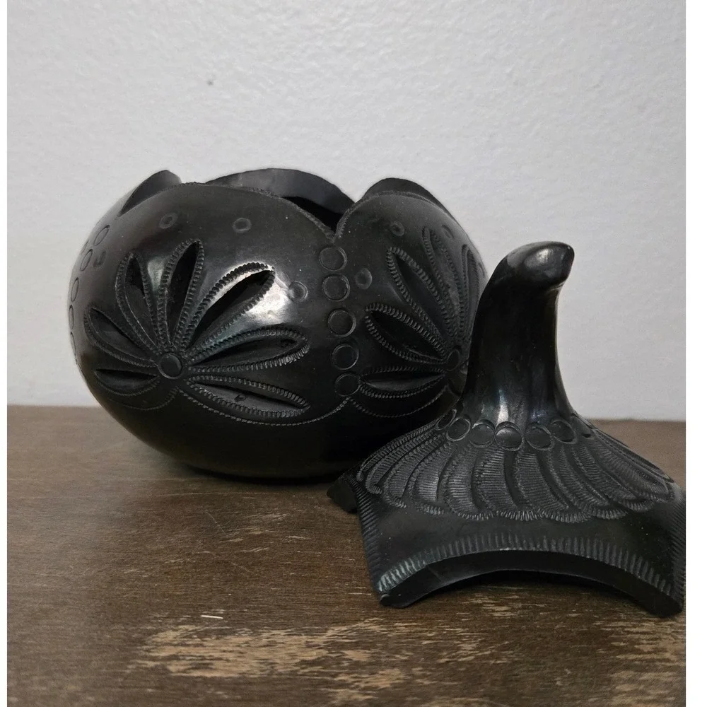 Hand Carved Black Clay Pumpkin Luminary Barro Negro Style Candle Holder 5.5